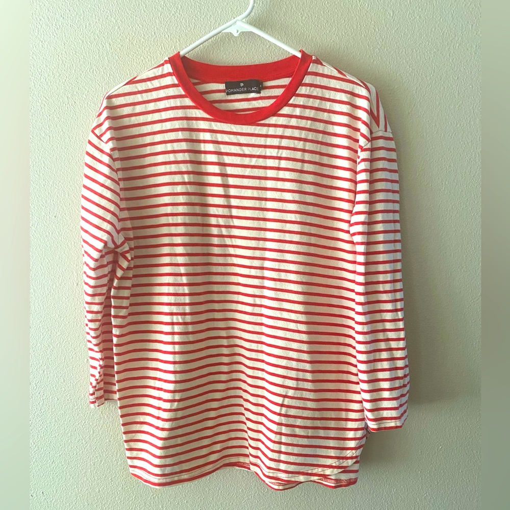 Pomander Place Striped Crewneck Long Sleeve Tee - Red & White